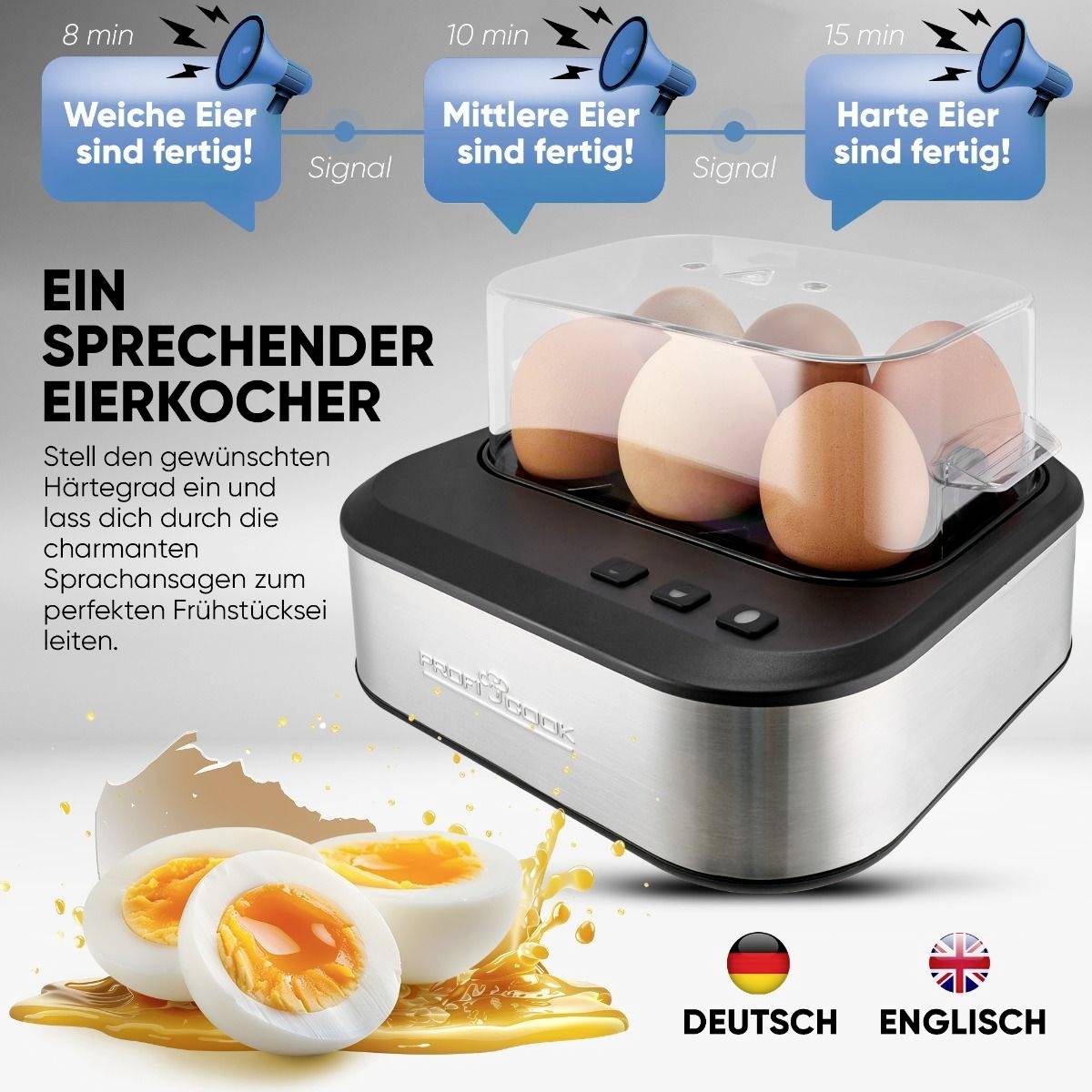 Egg cooker with three boiling levels: soft-boiled in 8 minutes, medium-boiled in 10 minutes, hard-boiled in 15 minutes. Voice announcement in German/English.