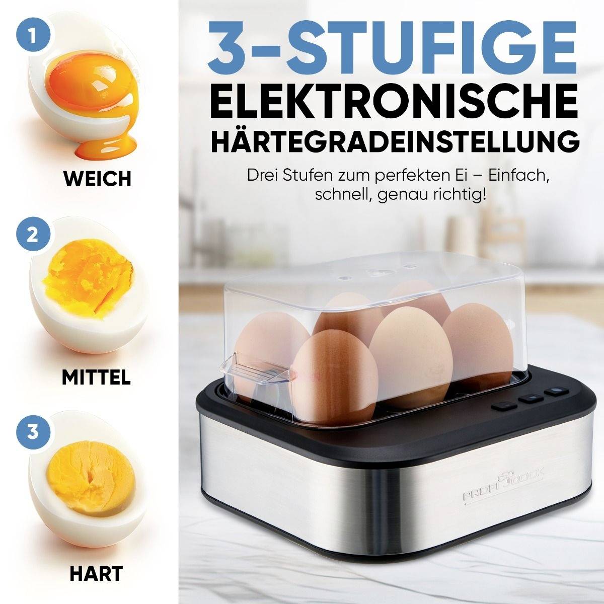 '3-Stage Electronic Hardness Setting' for egg cookers, displaying soft, medium, and hard-boiled egg levels with eggs in the device.
