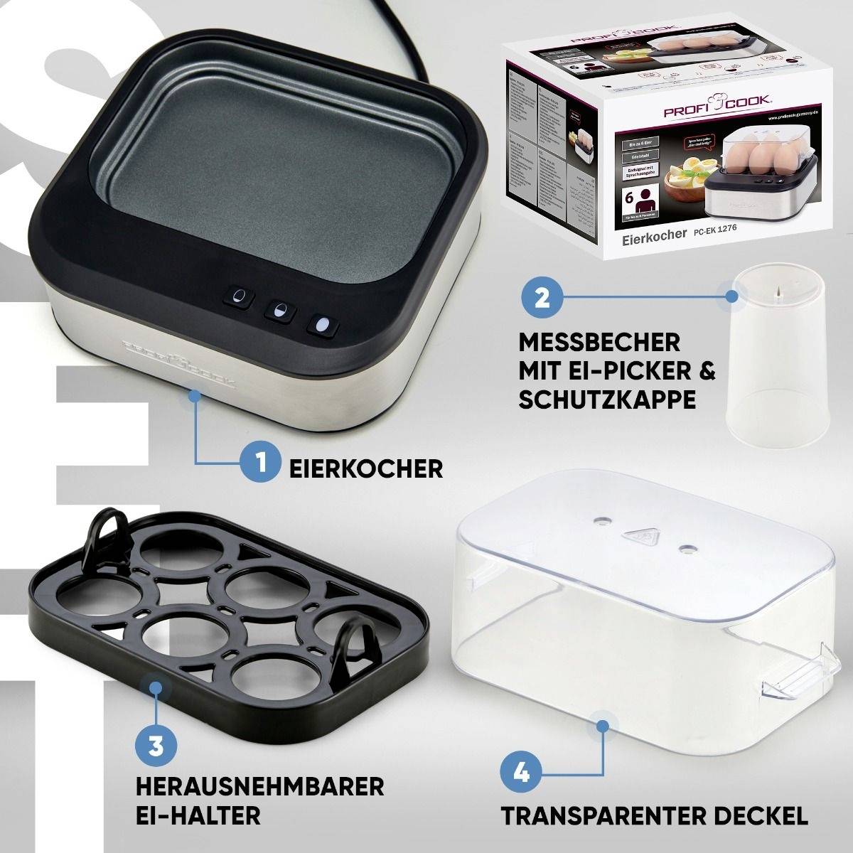 Egg Cooker Set comprising an egg cooker, removable egg holder, measuring cup with egg piercer and protective cap, transparent lid.