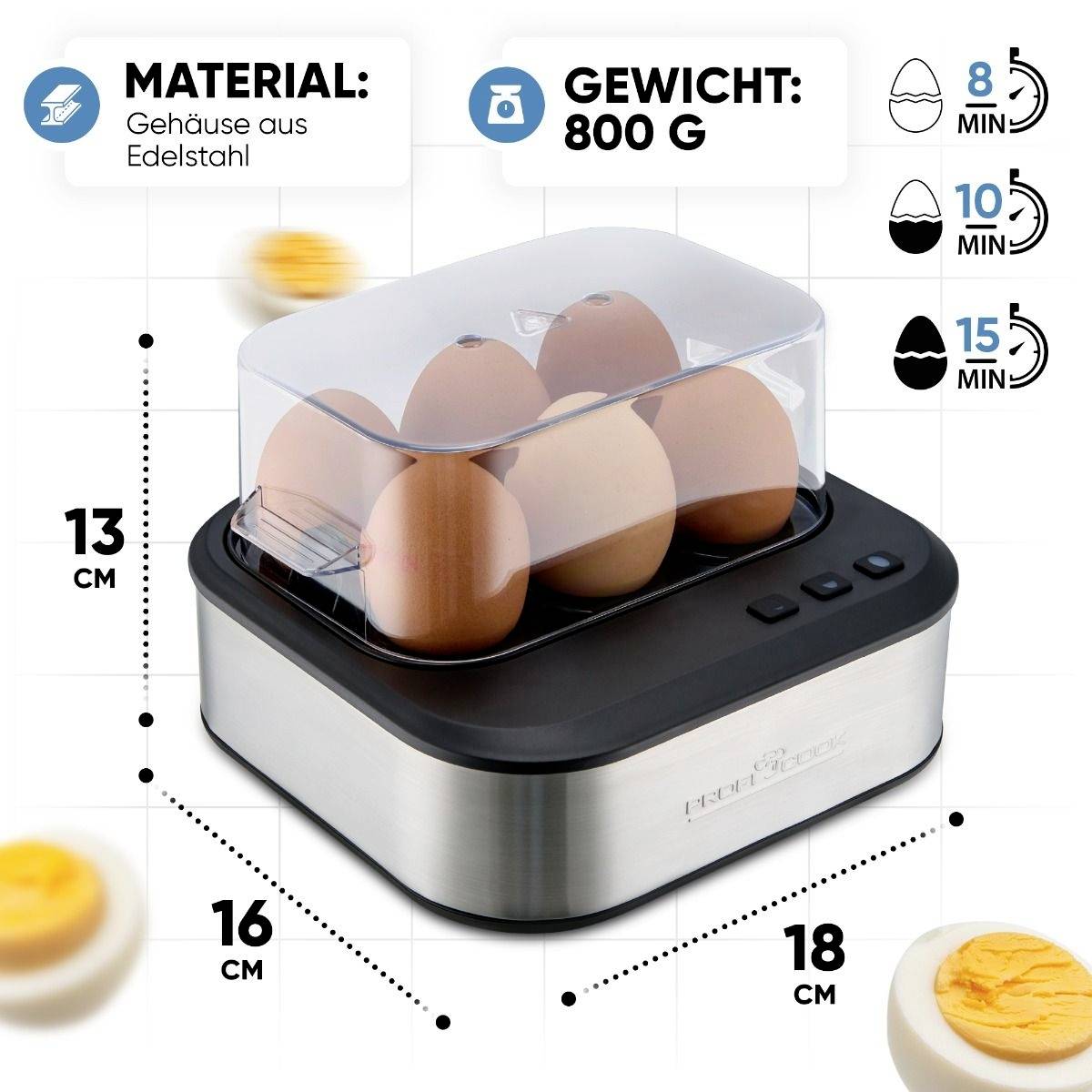 Electric egg cooker made of stainless steel for up to six eggs, shows cooking times for soft-boiled (8 mins), medium-boiled (10 mins) and hard-boiled (15 mins).