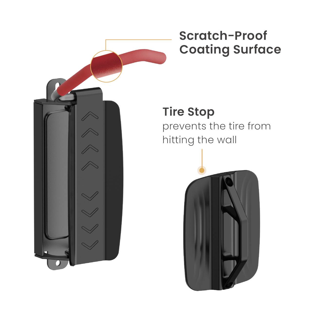 A wall-mounting stop that prevents scratches and keeps tyres from touching the wall. Product shows protective coating.