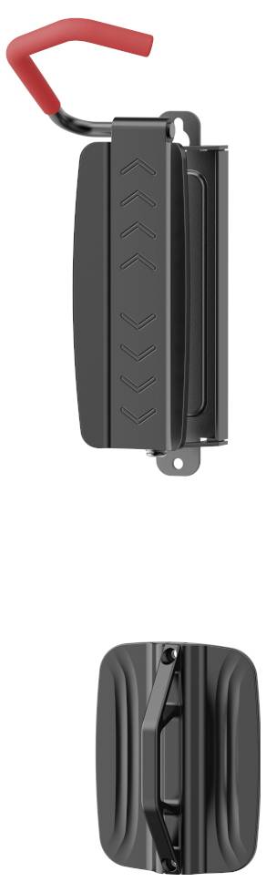 'Wall-mounted metal bicycle rack, vertically installed with a red hook. Shows two views: side and front.'