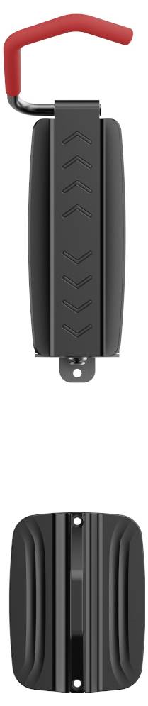 'Two black devices with red handles. At the top, a sturdy safety tool with a ribbed surface, below a flat mounting bracket.'