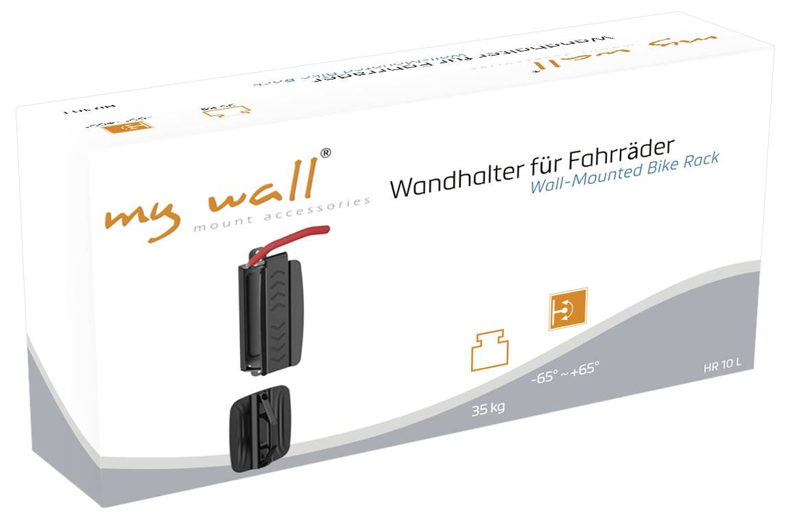 Packaging for a wall-mounted bicycle rack, showing product illustration and details such as weight capacity of 35 kg.