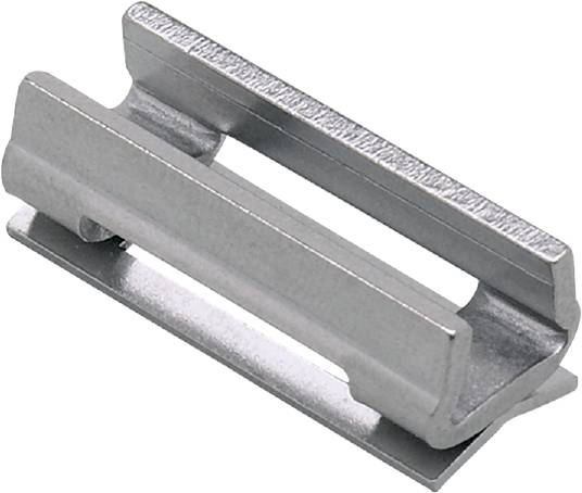 A silver metal object resembling a paperclip on a white background, likely used for fastening paper.