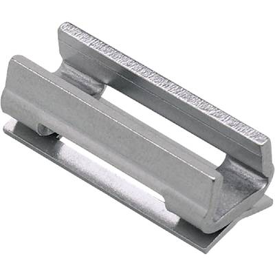 A silver metal object resembling a paperclip on a white background, likely used for fastening paper.