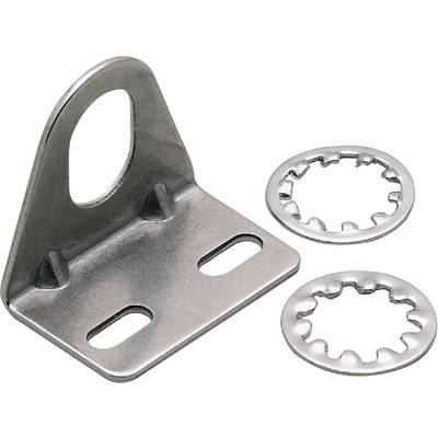 A silver metal angle bracket with two small round securing rings beside it, shows a mounting support for fixings.