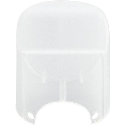 A white plastic component with a curved surface and a small slot at the bottom, possibly a protective or sealing piece.