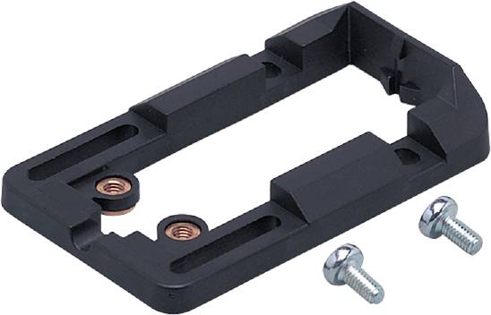 Black, rectangular metal part with two recessed copper nuts and a silver screw beside it.