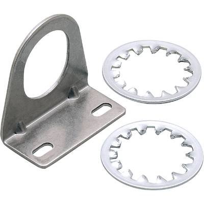 Metal angle bracket with a round hole, alongside two toothed metal discs on a black background.