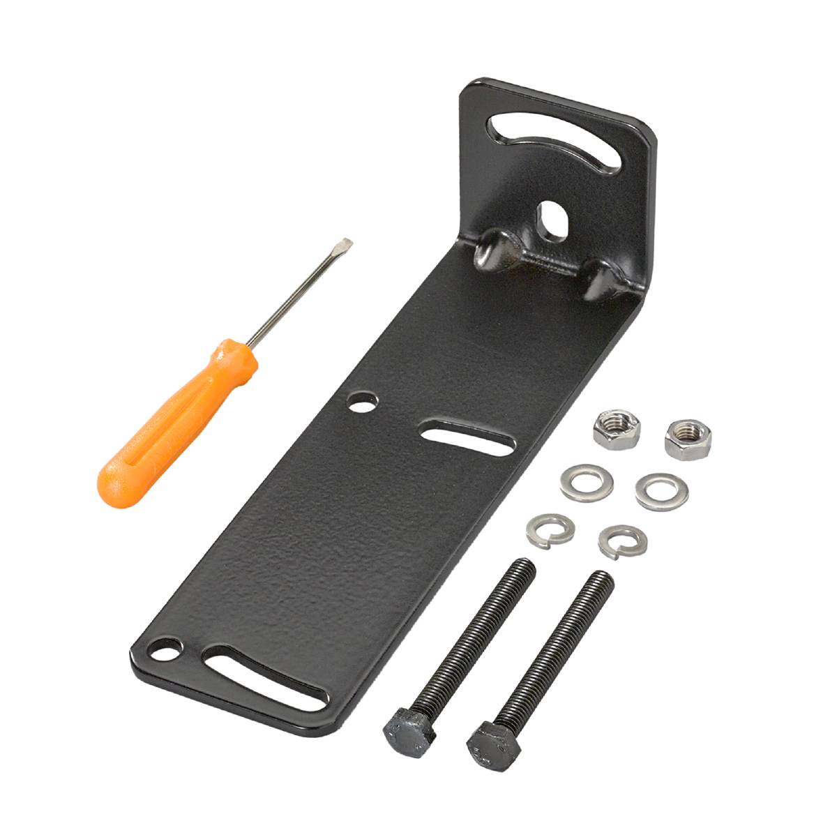 Black metal mounting bracket with screwdriver, screws, nuts, and washers on a black background.