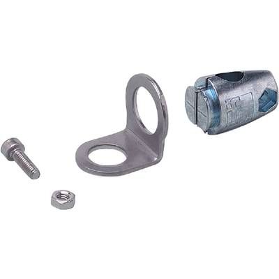 Metal mounting bracket with two circular openings, set against a black background, displaying technical details and design features.