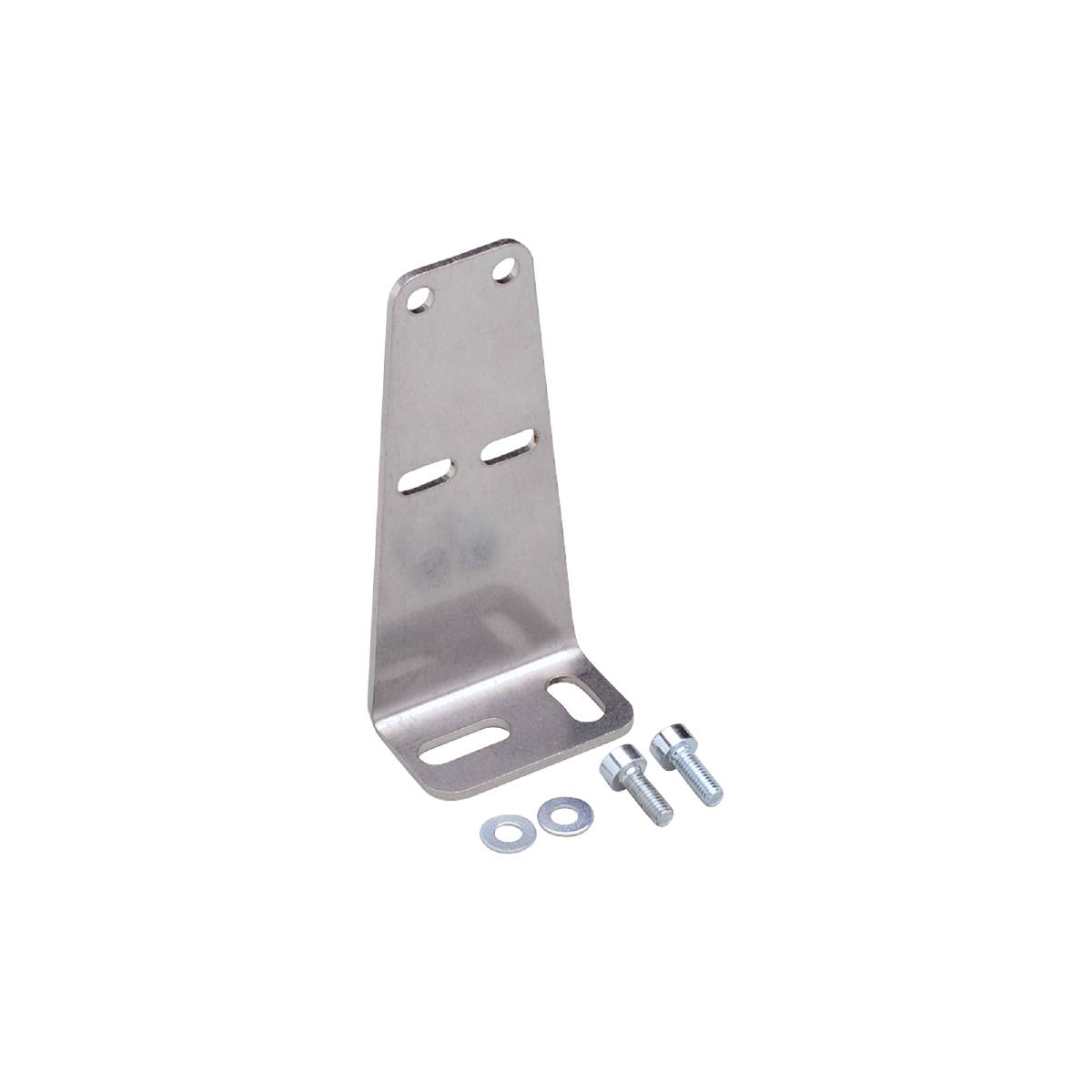 Silver metal mounting bracket with two bolts and washers on a black background. Suitable for fastening applications.