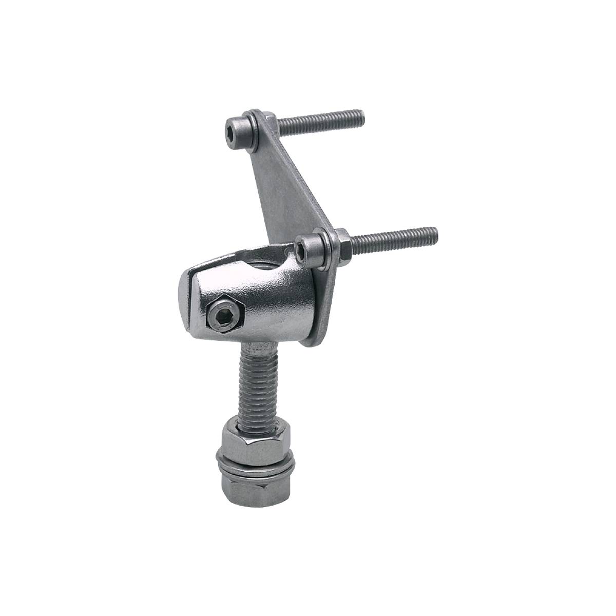 A silver metal joint with screws on a black background. It consists of an adjustable bolt and two flat metal jaws.