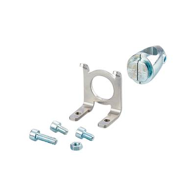 Metal construction kit with screws and mounting parts on a black background, consisting of a bracket, screws, and mounting clamp.
