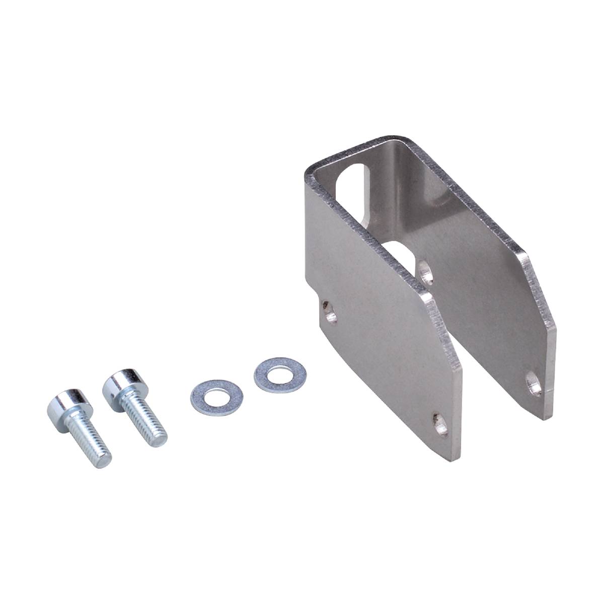 Metal bracket with two screws and two washers. The bracket has two drill holes and a rectangular shape.