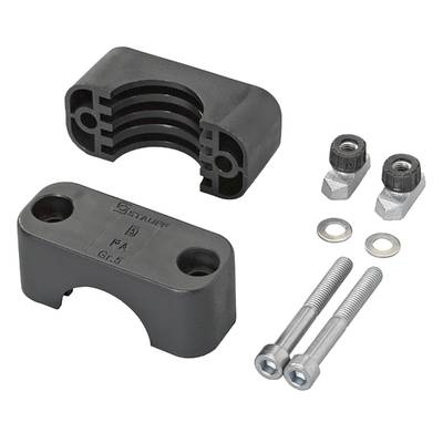 Black plastic clip and screw accessories on a black background. Contains two screws, two washers, and two nuts.
