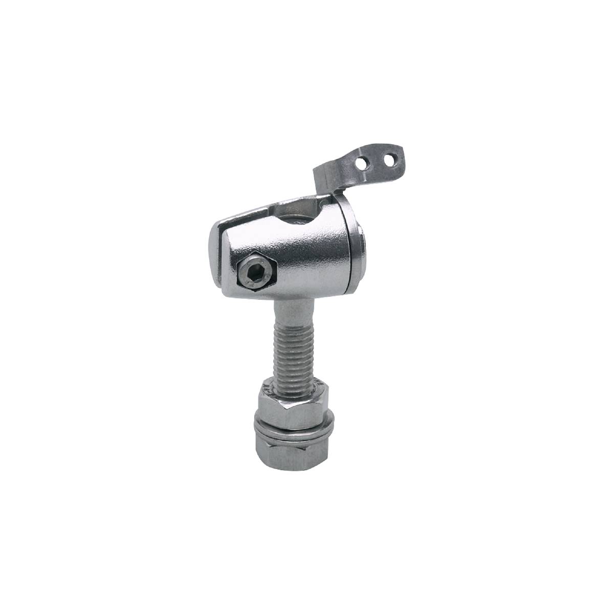 Metal part with a screw and movable joint. Against a black background. Primarily for technical applications or constructions.