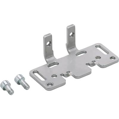 Metal mounting bracket with three fixing points and two holes, suitable for mounting purposes. A screw lies beside it.
