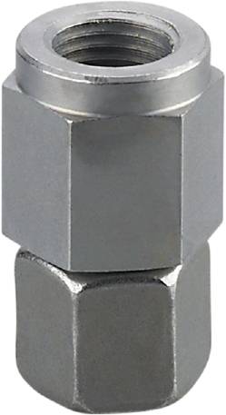 A chrome-plated hexagonal nut with a crisp edge structure against a neutral background.