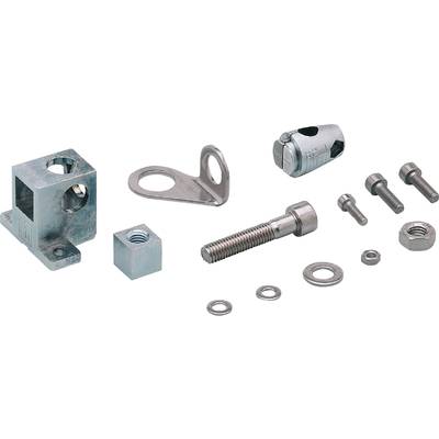 Metal parts: A flat angle, a nut block, a hexagonal screw and washers on a white background.