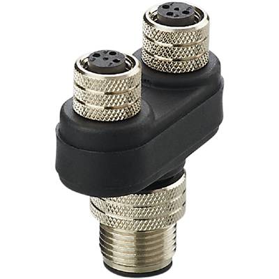 A black, L-shaped plug with two silver, ridged screw connectors.