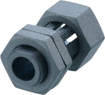 A grey plastic cable gland set, comprising a nut, a seal, and a housing, set against a white background.