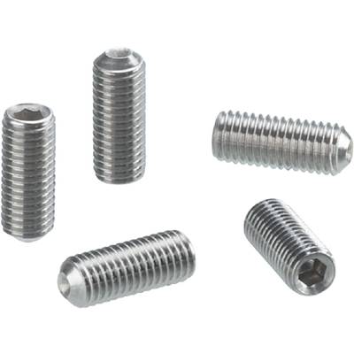 Several cylindrical grub screws made of metal in various positions on a white background.