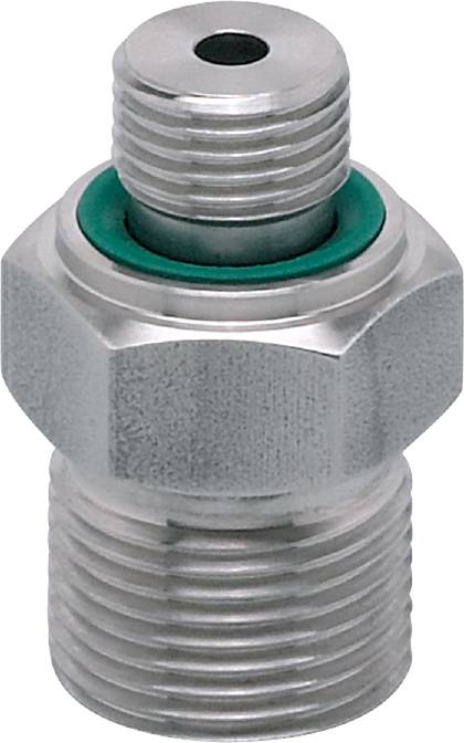 Close-up of a metallic pipe fitting with a green sealing ring. The image depicts the threaded connection and surface texture.