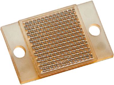 A rectangular reflective plate with numerous small mirrored surfaces, encased in a transparent plastic frame with two holes.