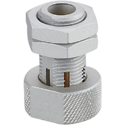 Close-up of a silver metal valve. The thread and some toothed components are visible.