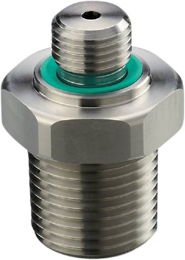 Large metal bolt with a hexagonal head and thread, complemented by a rubber seal. Suitable for mechanical connections.