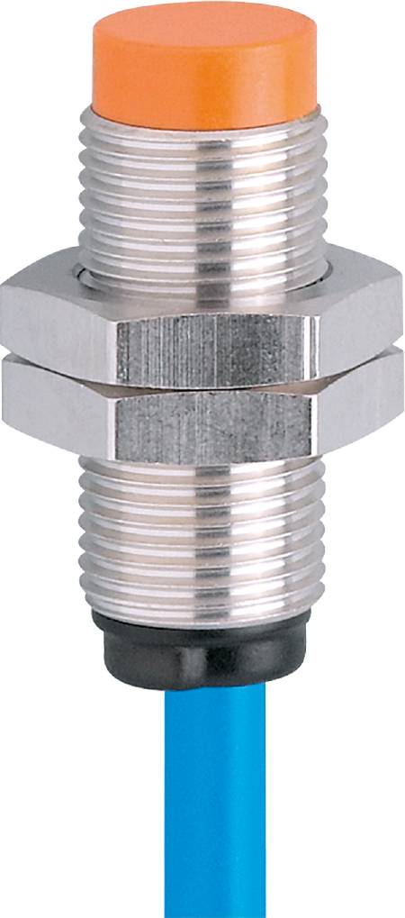 A silver, cylindrical sensor housing with a ribbed surface, typically used for industrial applications.