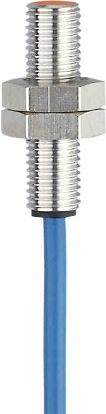 Cylindrical proximity sensor with blue cable. The sensor is made of metal and has a plastic housing at the rear for connection wiring.