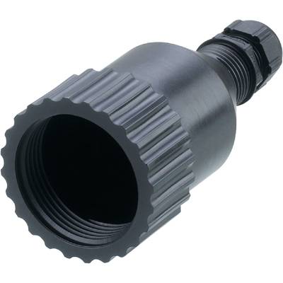 A black, ribbed metal component with a cylindrical body and a threaded connection, likely a machine part.