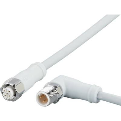 Two white cables with plug and socket; metallic ends for connection; industrial application; detailed close-up on neutral background.