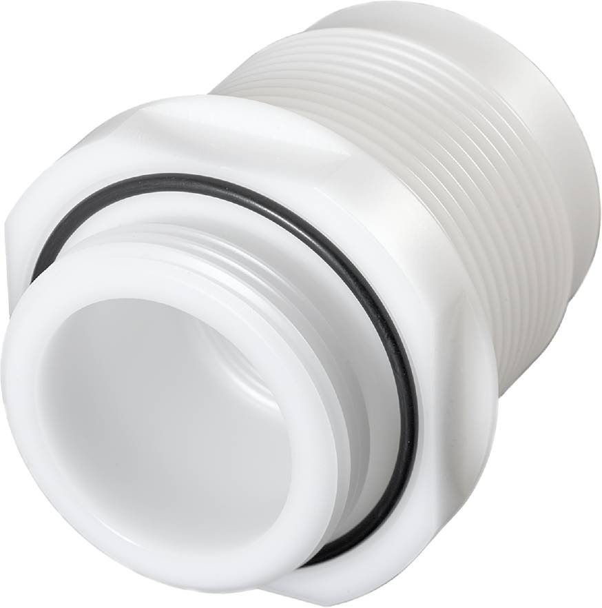 A white, cylindrical threaded connection with a seal, presumably made of plastic, serves as a connecting element in pipe systems.