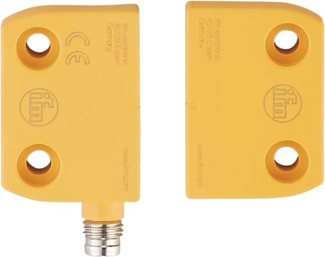 Yellow rectangular proximity sensor with two mounting holes and a connector at the bottom. Text on the surface: 'ifm electronic'.