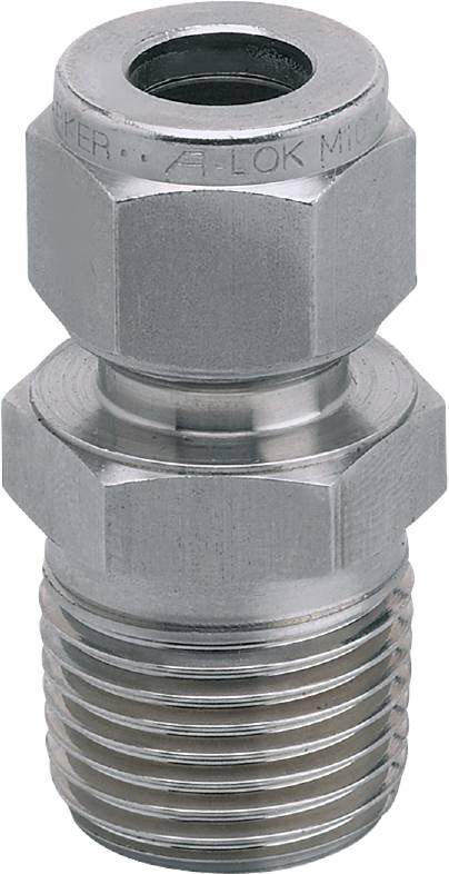 A close-up of a metallic connector with a threaded screw, used in mechanical or hydraulic systems.