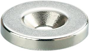 A conical magnet made of shiny metal with a central recess, often used for fixing materials to metallic surfaces.