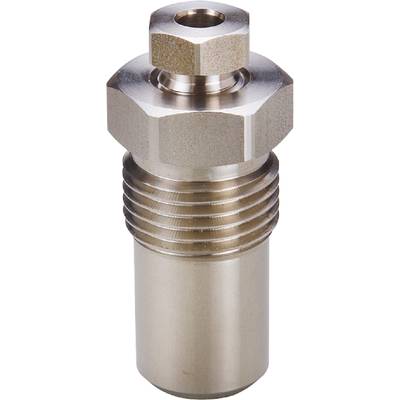 Close-up of a metal thread with a hexagonal head, likely part of a pipe or screw, against a white background.