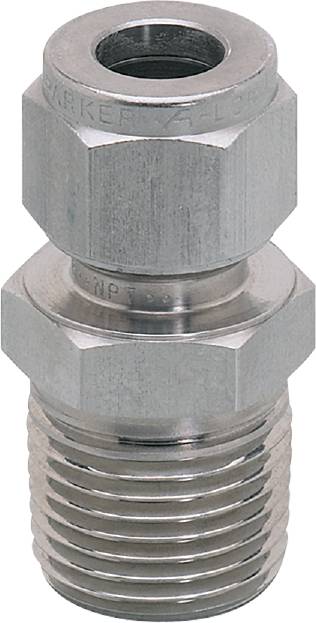 Close-up of a metallic hexagonal fitting with threads. It shows details of the surface structure and the mechanical connection.