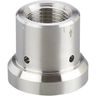 Metallic cylindrical tube with a threaded screw, featuring an arrow marking. Suitable for machine or pipe connections.