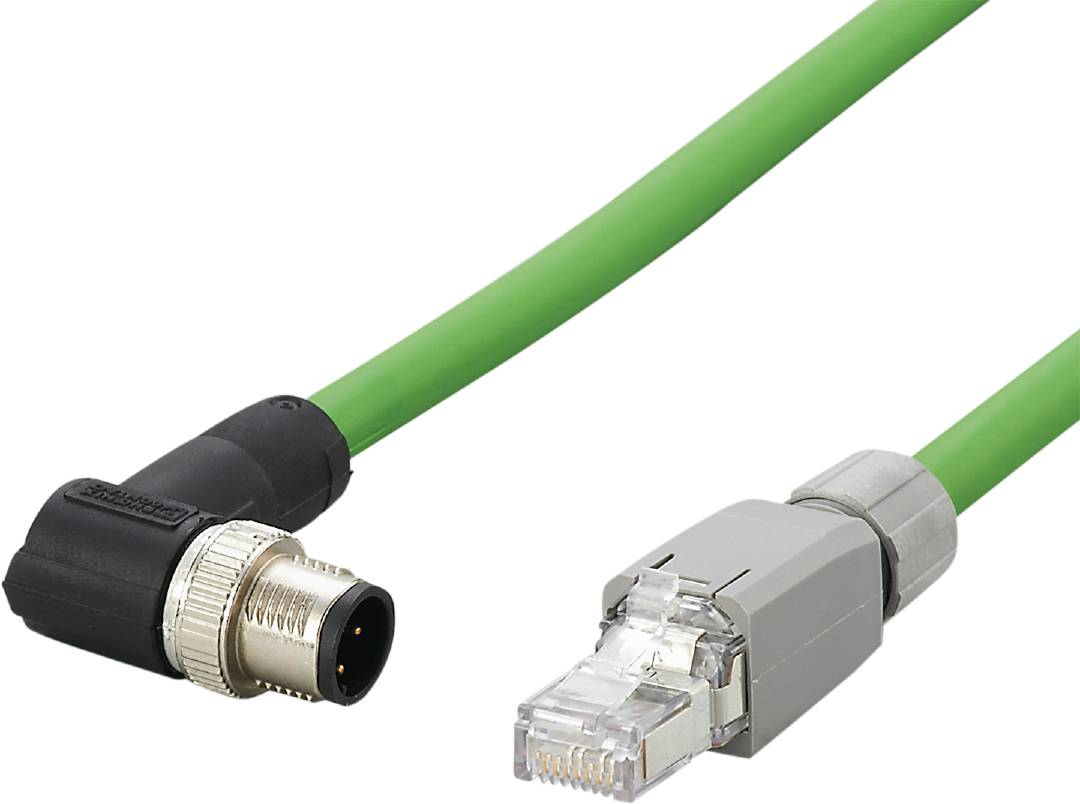 A green cable with two different plug types: on the left, a round black plug, on the right, a grey RJ45 plug.