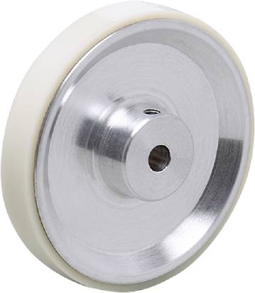 Metal wheel with white plastic tyre, suitable for industrial applications.