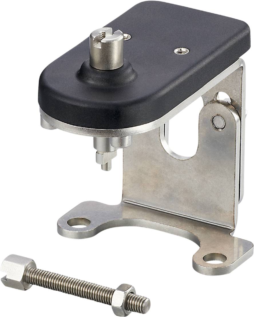 Metal mounting bracket with black cover, secured with screws. Used for fastening electrical or mechanical components.