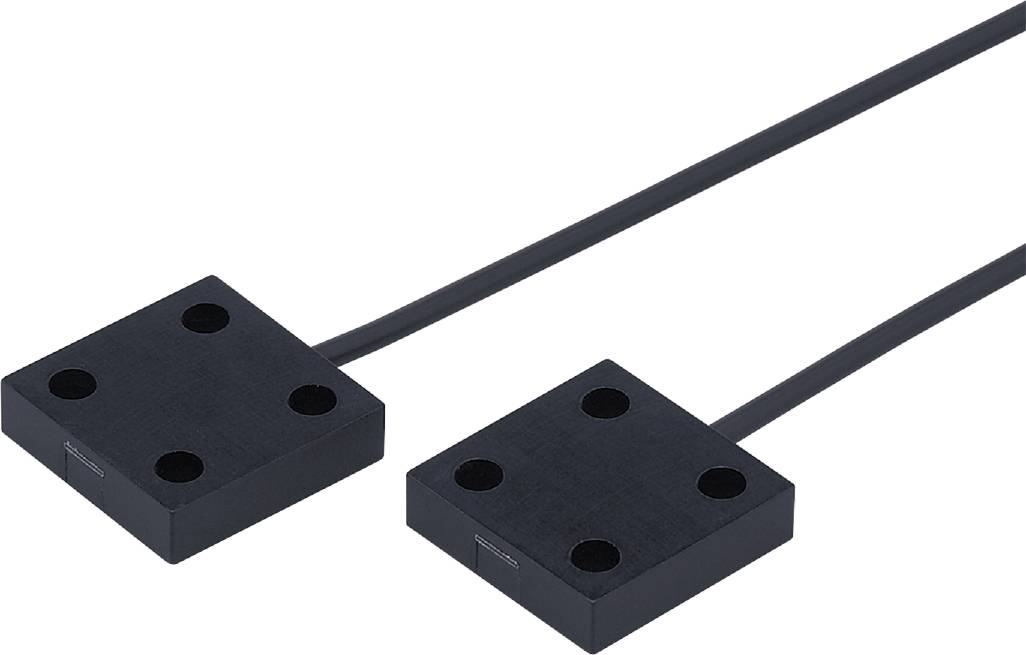 Two black square sensors with cables, for detecting magnetic fields on a white background.