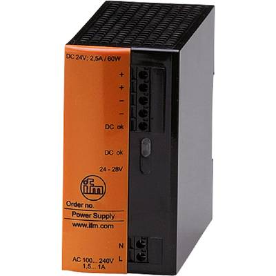 A black and orange electronic device marked with plus and minus points. Brand 'ifm', voltage 24-28V.