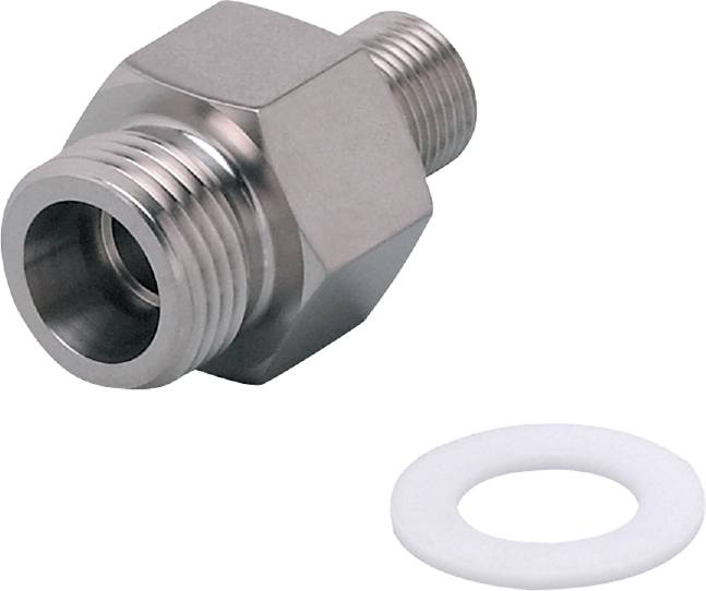 A hexagonal metal adapter with threads on both ends lies on a white background. Beside it is a white sealing ring.