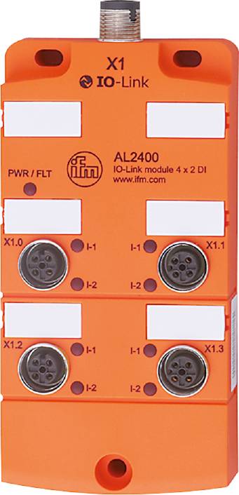 An orange IO-Link module labelled 'AL2400'. Connections and indicator lights are marked at the top left.